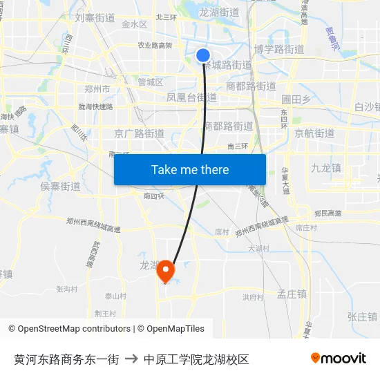 黄河东路商务东一街 to 中原工学院龙湖校区 map