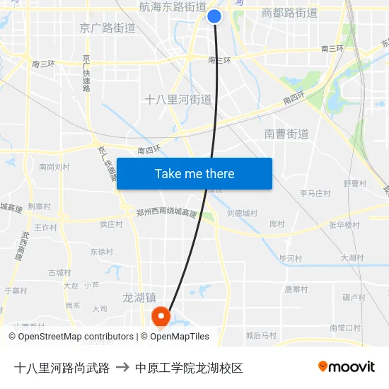 十八里河路尚武路 to 中原工学院龙湖校区 map