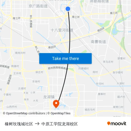 橡树玫瑰城社区 to 中原工学院龙湖校区 map