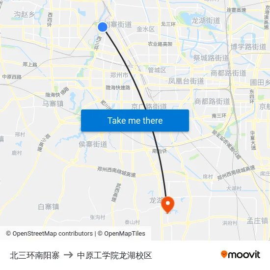 北三环南阳寨 to 中原工学院龙湖校区 map