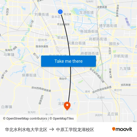 华北水利水电大学北区 to 中原工学院龙湖校区 map