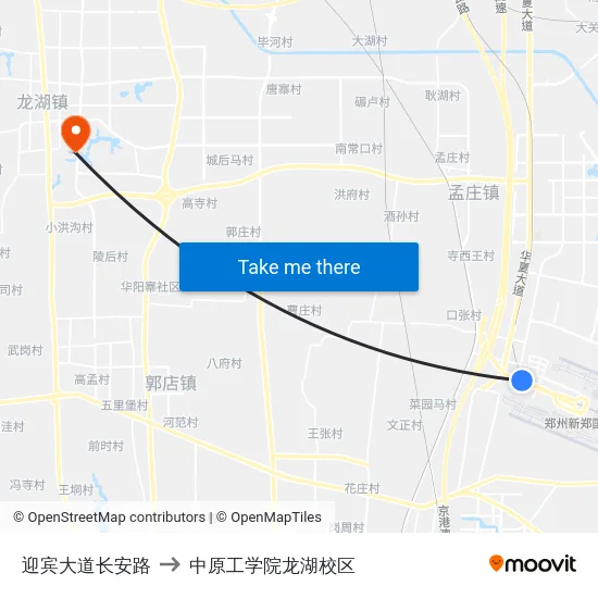 迎宾大道长安路 to 中原工学院龙湖校区 map