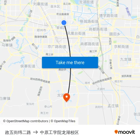 政五街纬二路 to 中原工学院龙湖校区 map