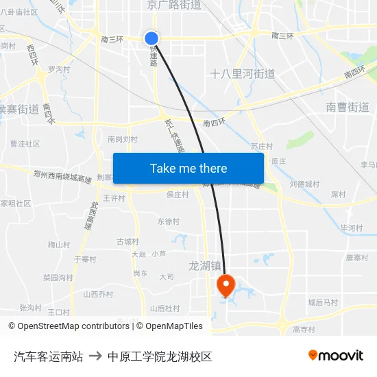 汽车客运南站 to 中原工学院龙湖校区 map