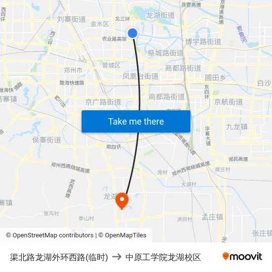 渠北路龙湖外环西路(临时) to 中原工学院龙湖校区 map