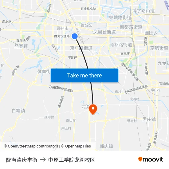 陇海路庆丰街 to 中原工学院龙湖校区 map