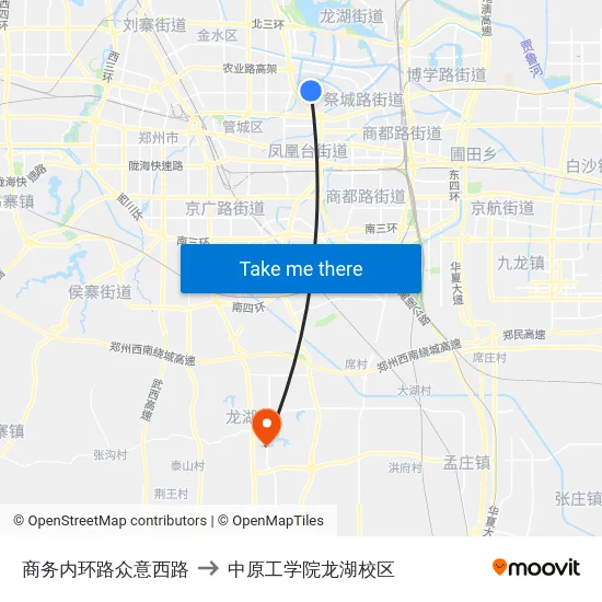 商务内环路众意西路 to 中原工学院龙湖校区 map