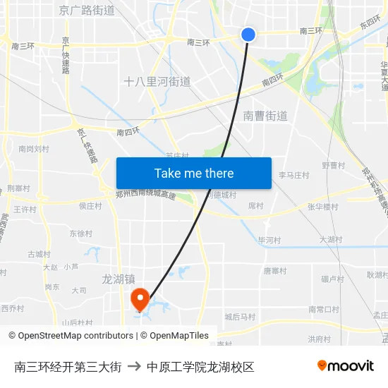 南三环经开第三大街 to 中原工学院龙湖校区 map