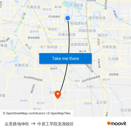 众意路地坤街 to 中原工学院龙湖校区 map
