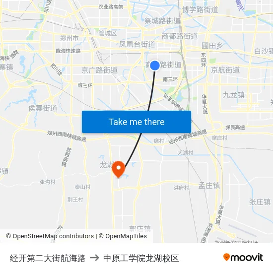 经开第二大街航海路 to 中原工学院龙湖校区 map
