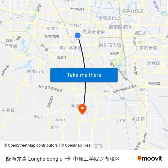 陇海东路 Longhaidonglu to 中原工学院龙湖校区 map