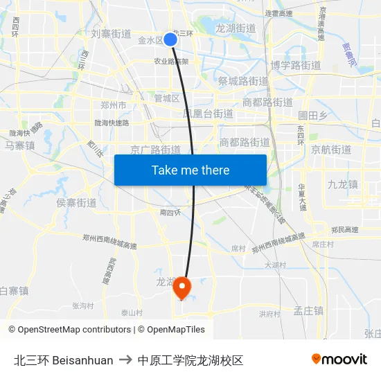 北三环 Beisanhuan to 中原工学院龙湖校区 map