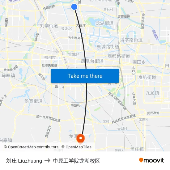 刘庄 Liuzhuang to 中原工学院龙湖校区 map