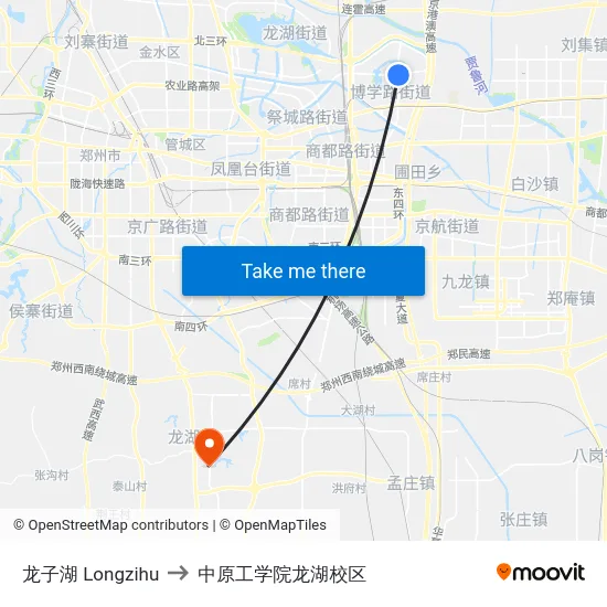 龙子湖 Longzihu to 中原工学院龙湖校区 map