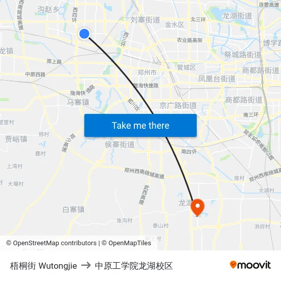 梧桐街 Wutongjie to 中原工学院龙湖校区 map