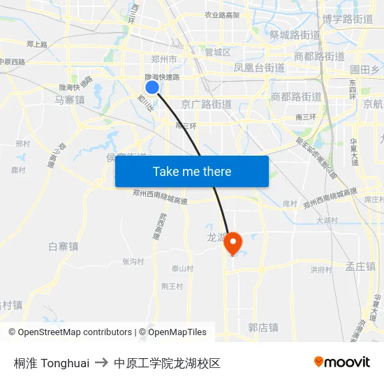 桐淮 Tonghuai to 中原工学院龙湖校区 map