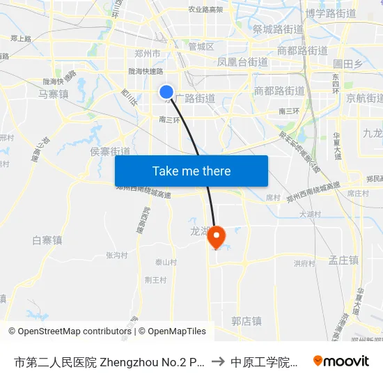 市第二人民医院 Zhengzhou No.2 People's Hospital to 中原工学院龙湖校区 map