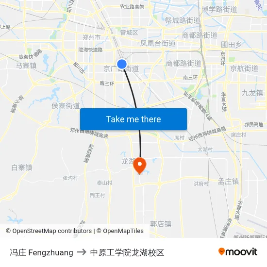 冯庄 Fengzhuang to 中原工学院龙湖校区 map