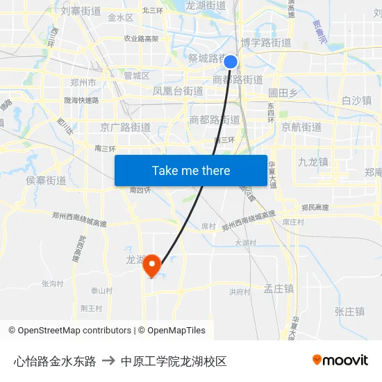 心怡路金水东路 to 中原工学院龙湖校区 map
