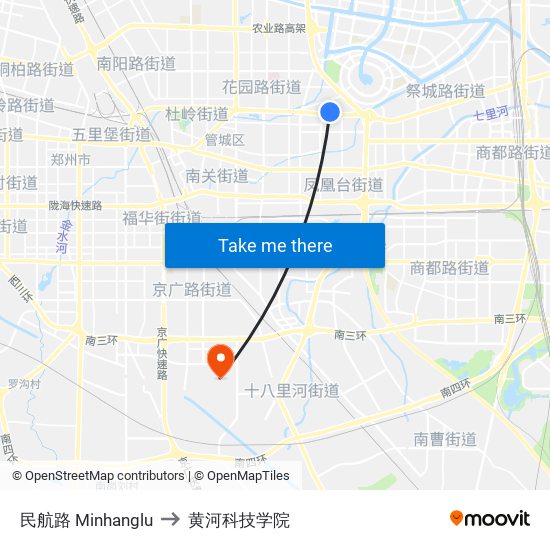 民航路 Minhanglu to 黄河科技学院 map