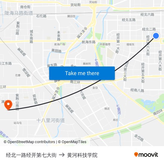 经北一路经开第七大街 to 黄河科技学院 map