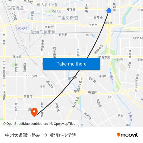 中州大道郑汴路站 to 黄河科技学院 map