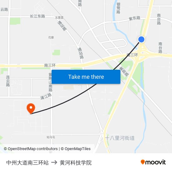 中州大道南三环站 to 黄河科技学院 map