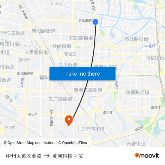 中州大道农业路 to 黄河科技学院 map