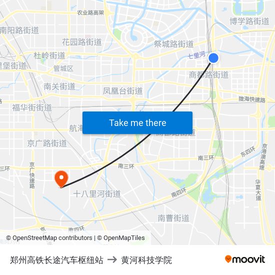 郑州高铁长途汽车枢纽站 to 黄河科技学院 map