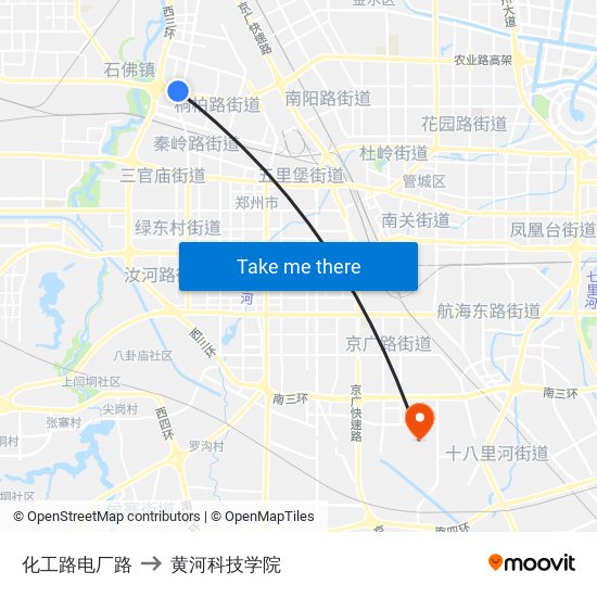 化工路电厂路 to 黄河科技学院 map