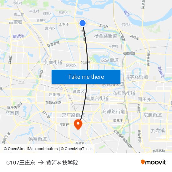 G107王庄东 to 黄河科技学院 map