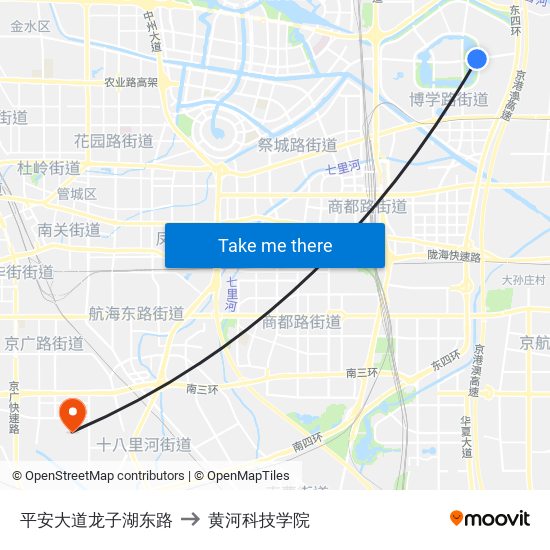 平安大道龙子湖东路 to 黄河科技学院 map