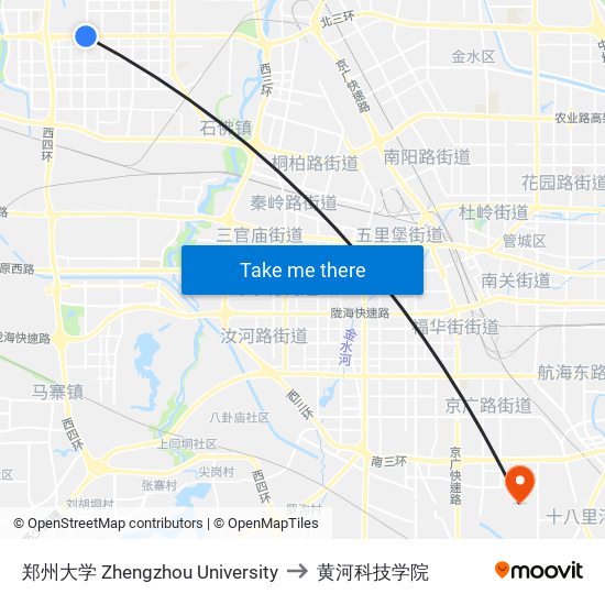 郑州大学 Zhengzhou University to 黄河科技学院 map