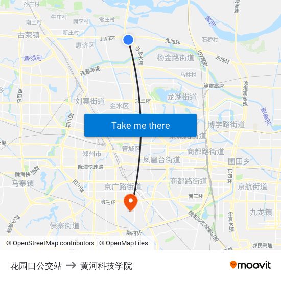 花园口公交站 to 黄河科技学院 map
