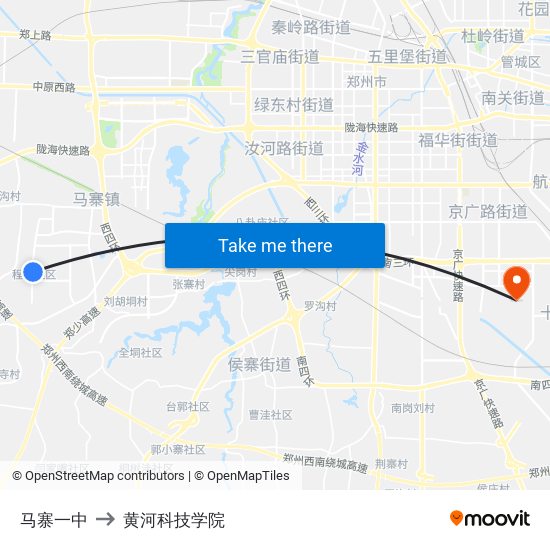 马寨一中 to 黄河科技学院 map