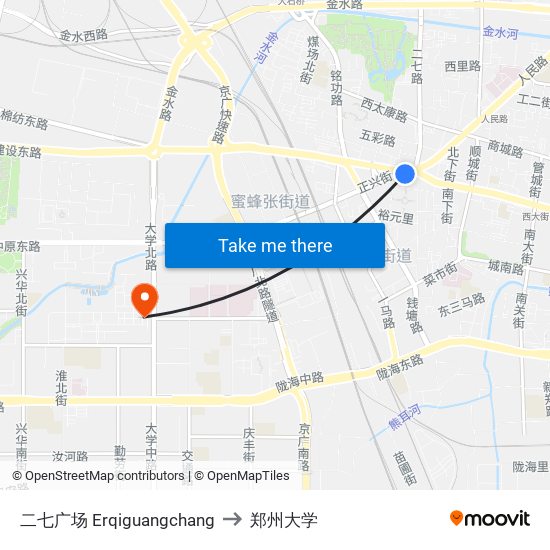 二七广场 Erqiguangchang to 郑州大学 map