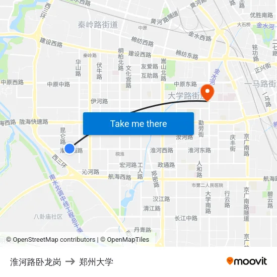淮河路卧龙岗 to 郑州大学 map