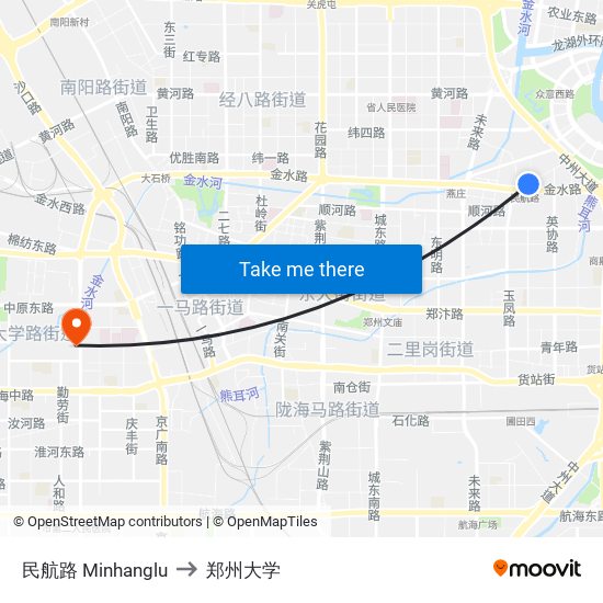 民航路 Minhanglu to 郑州大学 map