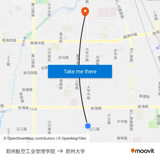 郑州航空工业管理学院 to 郑州大学 map