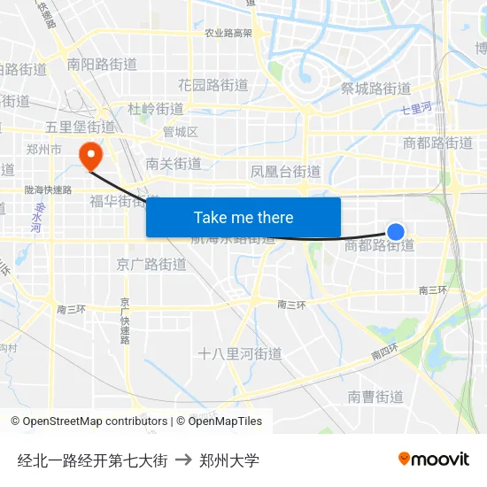 经北一路经开第七大街 to 郑州大学 map