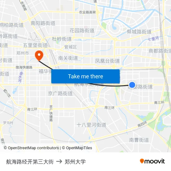 航海路经开第三大街 to 郑州大学 map