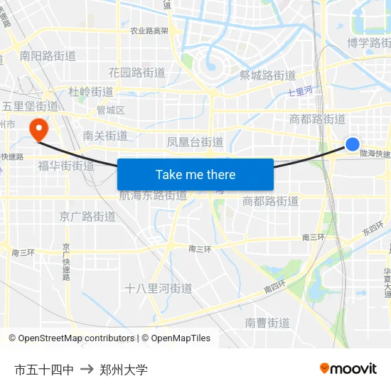 市五十四中 to 郑州大学 map