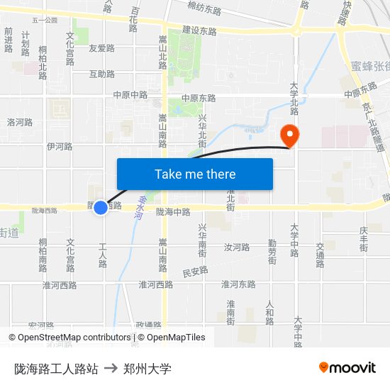 陇海路工人路站 to 郑州大学 map