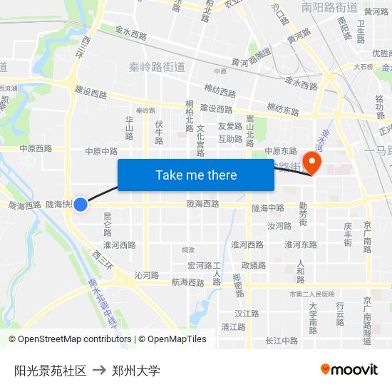 阳光景苑社区 to 郑州大学 map
