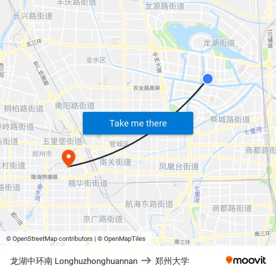 龙湖中环南 Longhuzhonghuannan to 郑州大学 map