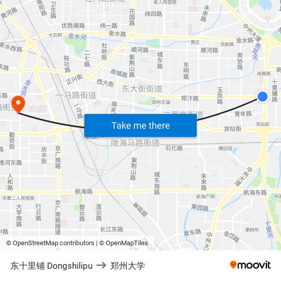 东十里铺 Dongshilipu to 郑州大学 map