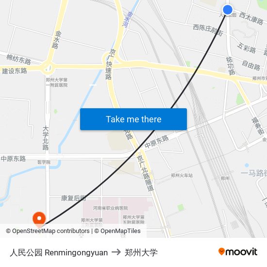 人民公园 Renmingongyuan to 郑州大学 map