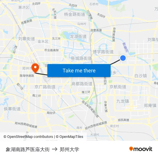象湖南路芦医庙大街 to 郑州大学 map
