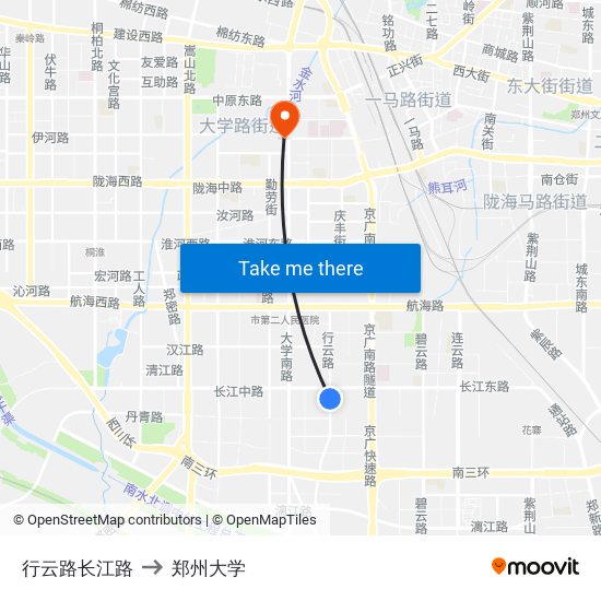 行云路长江路 to 郑州大学 map