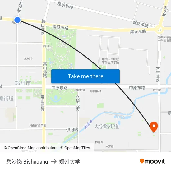 碧沙岗 Bishagang to 郑州大学 map